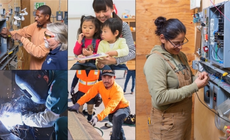Apprentices working in electrical, early childhood education, welding, roofing, and technical careers